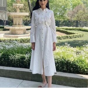 NWT ZARA Elegant White Eyelet Lace Dress Gold Buttons SZ S